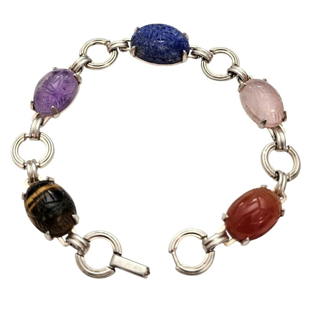 Walter Lampl Sterling Silver Scarab Bracelet Carved Gemstone, Signed J544
